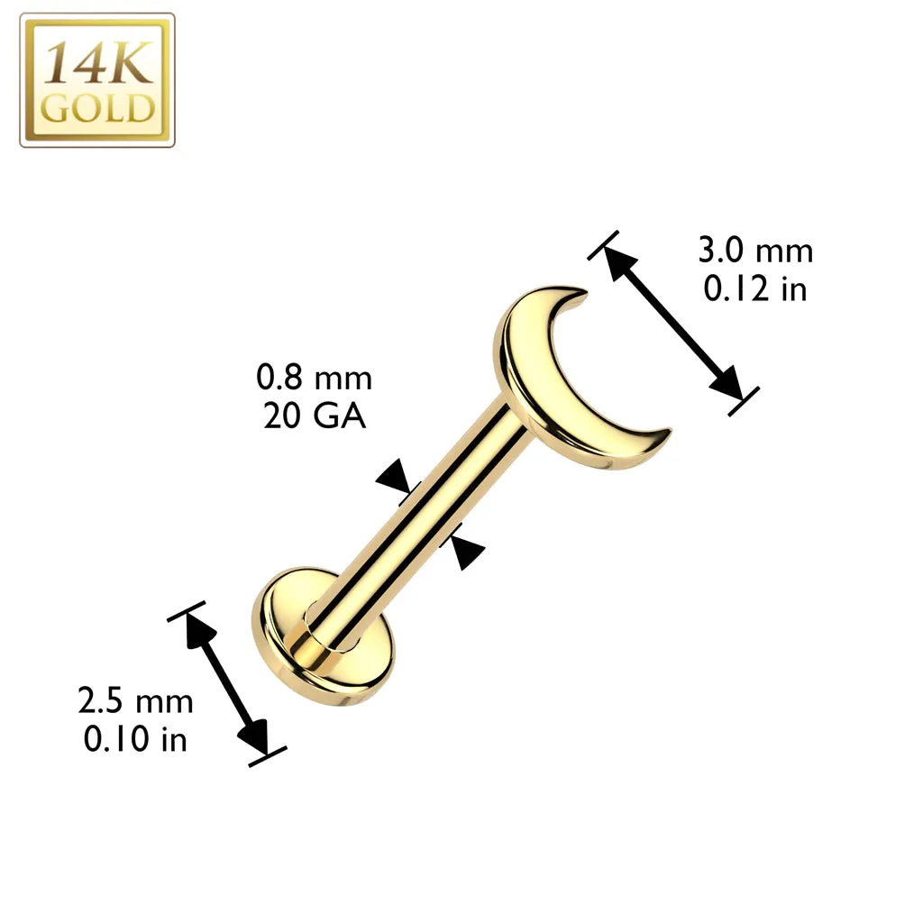 14K Solid Gold Threadless Push In Nose Stud With Crescent Moon Top