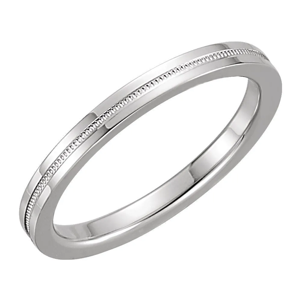 14k White Gold 2mm Flat Comfort Fit Milgrain Band Size 7