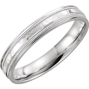 14k White Gold 4mm Flat Edge Comfort Fit Milgrain Hammer Finish Band Size 9