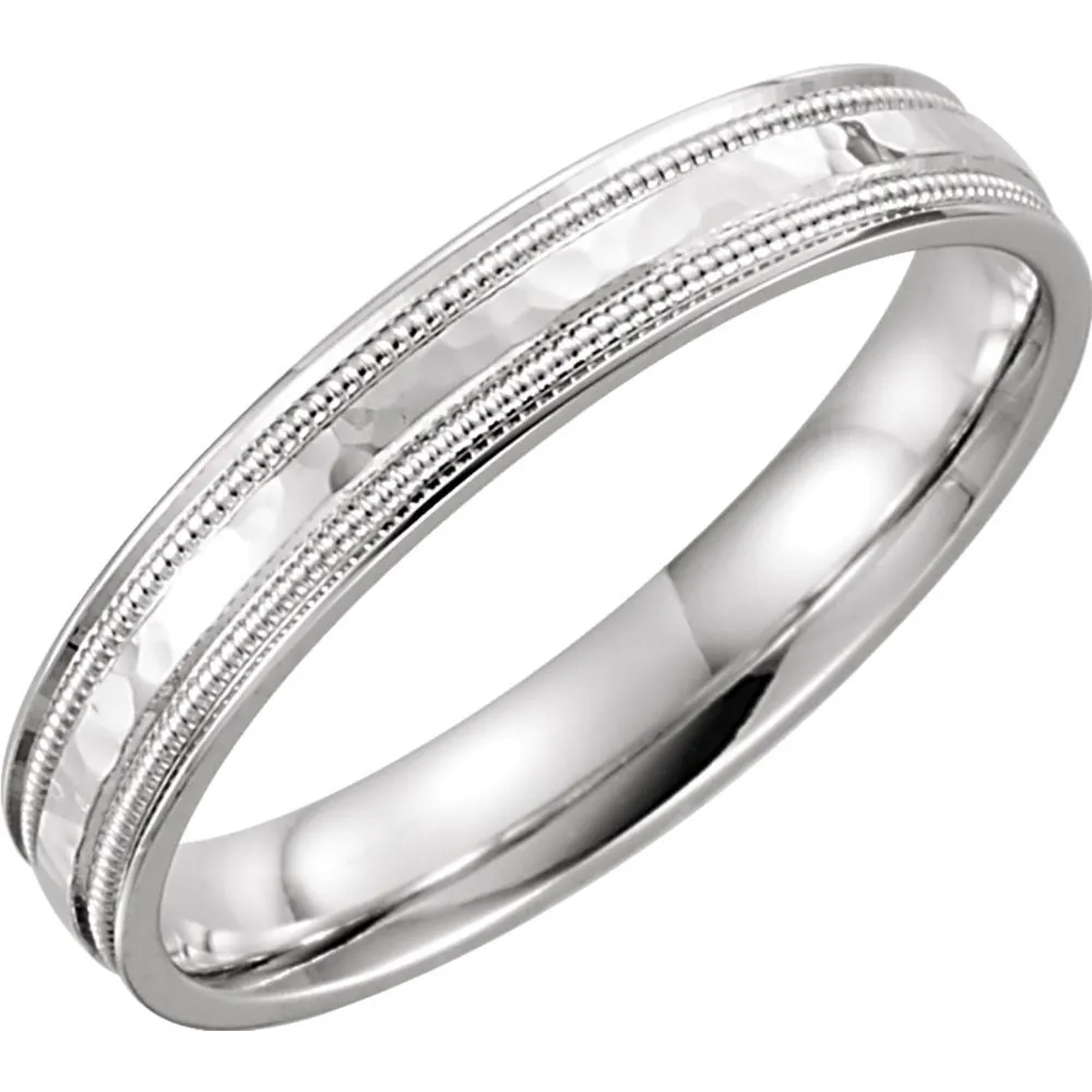 14k White Gold 4mm Flat Edge Comfort Fit Milgrain Hammer Finish Band Size 9