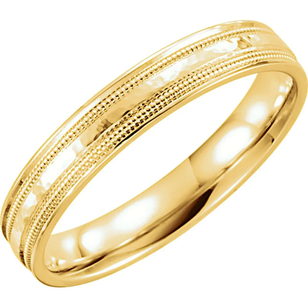 14k Yellow Gold 4mm Flat Edge Comfort Fit Milgrain Hammer Finish Band Size 6