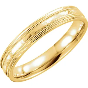 14k Yellow Gold 4mm Flat Edge Comfort Fit Milgrain Hammer Finish Band Size 6