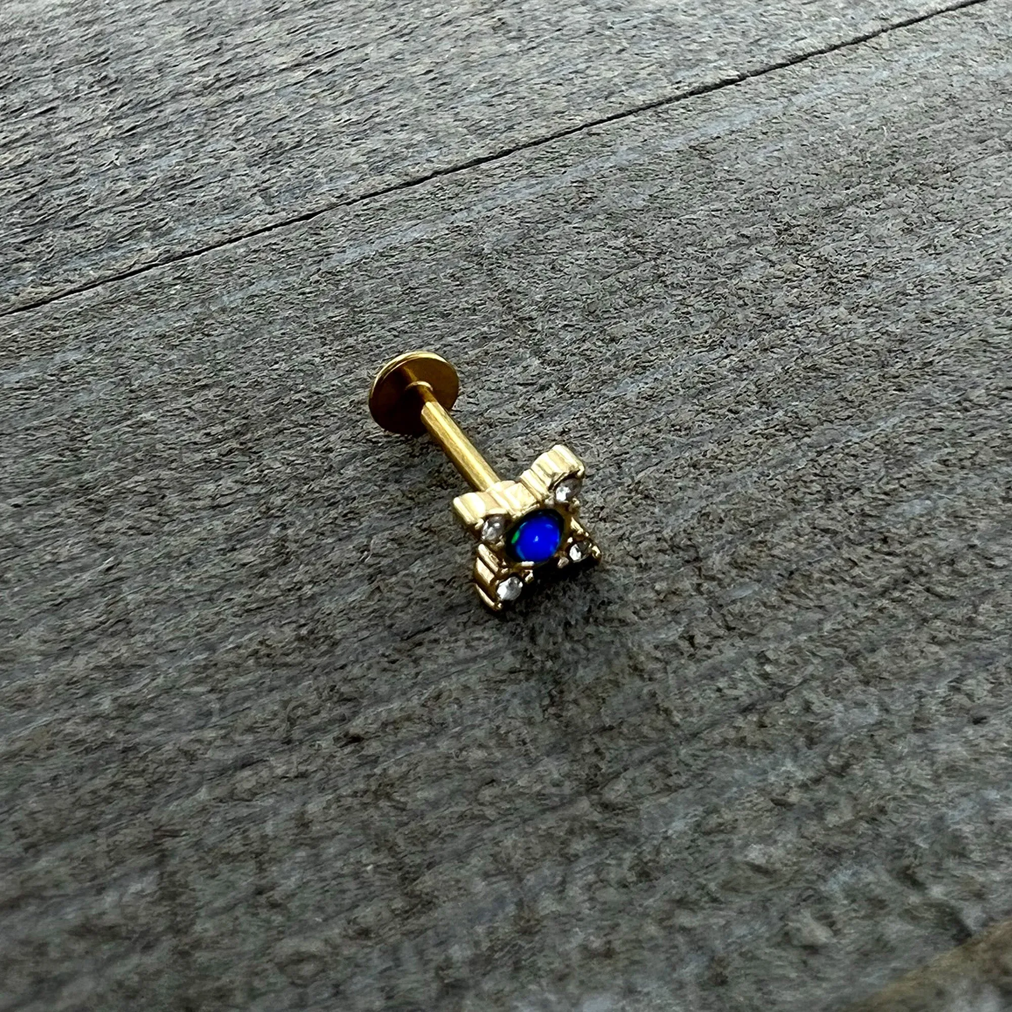 16 Gauge 5/16 Blue Synthetic Opal Gold Hue Rhombus Labret Monroe Tragus