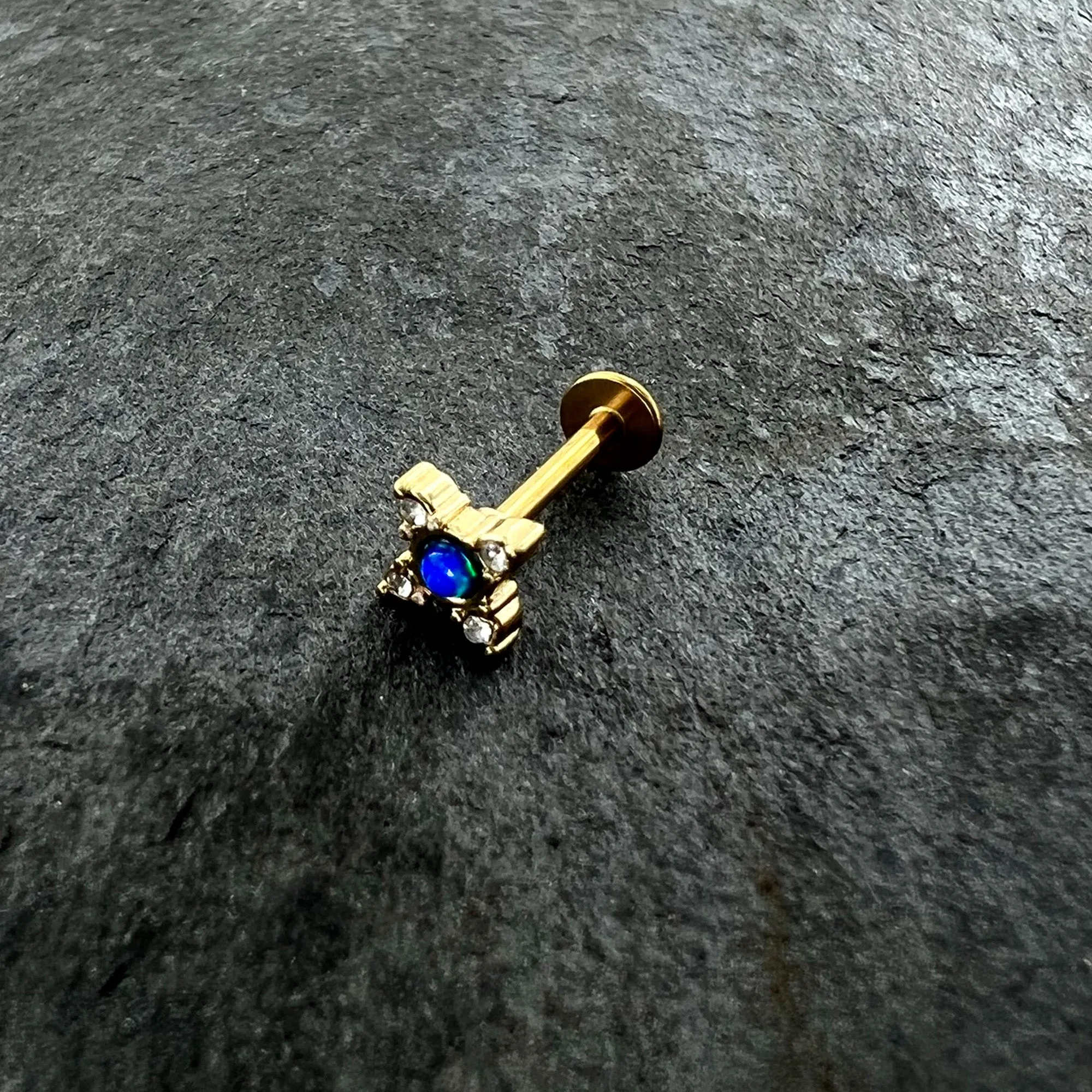16 Gauge 5/16 Blue Synthetic Opal Gold Hue Rhombus Labret Monroe Tragus