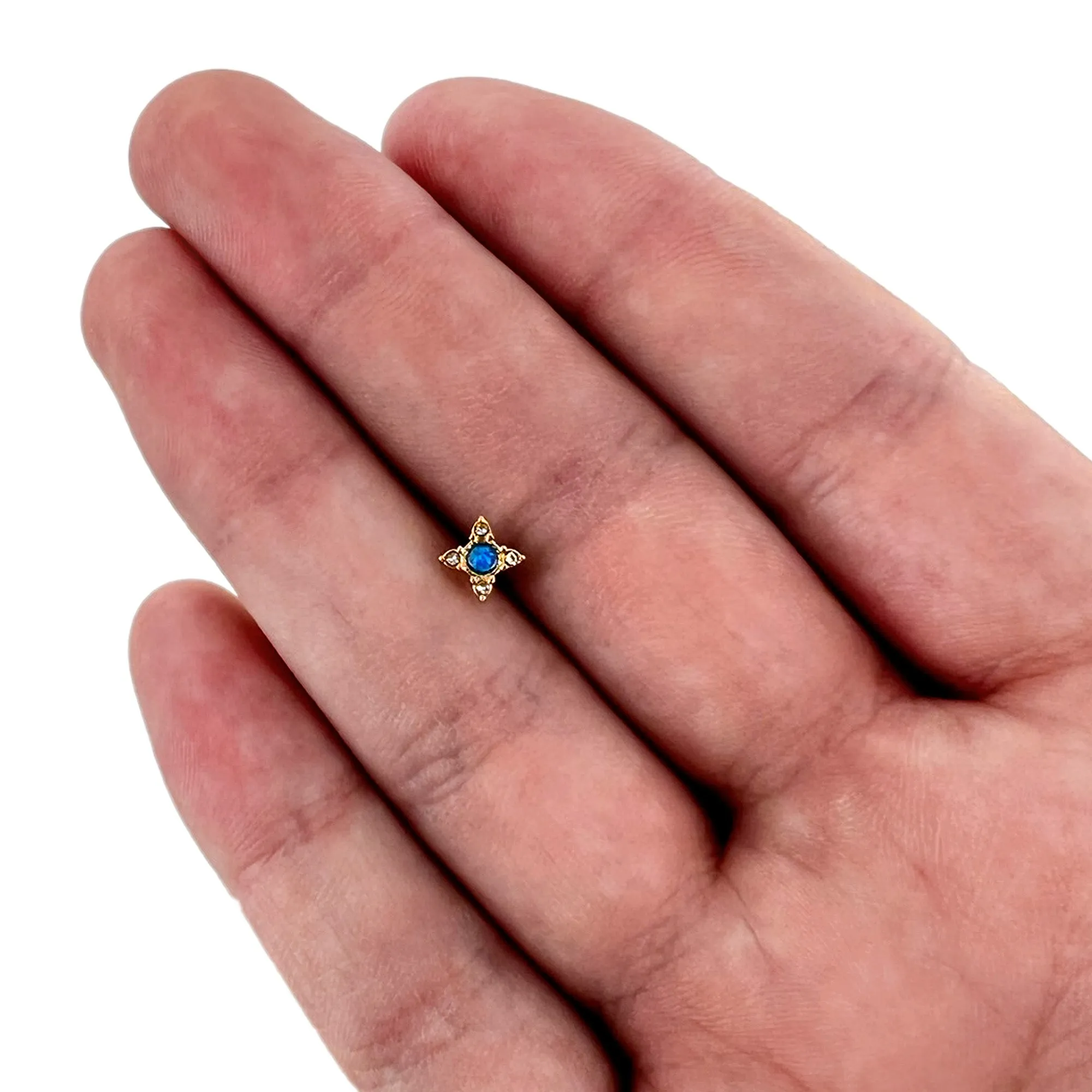 16 Gauge 5/16 Blue Synthetic Opal Gold Hue Rhombus Labret Monroe Tragus