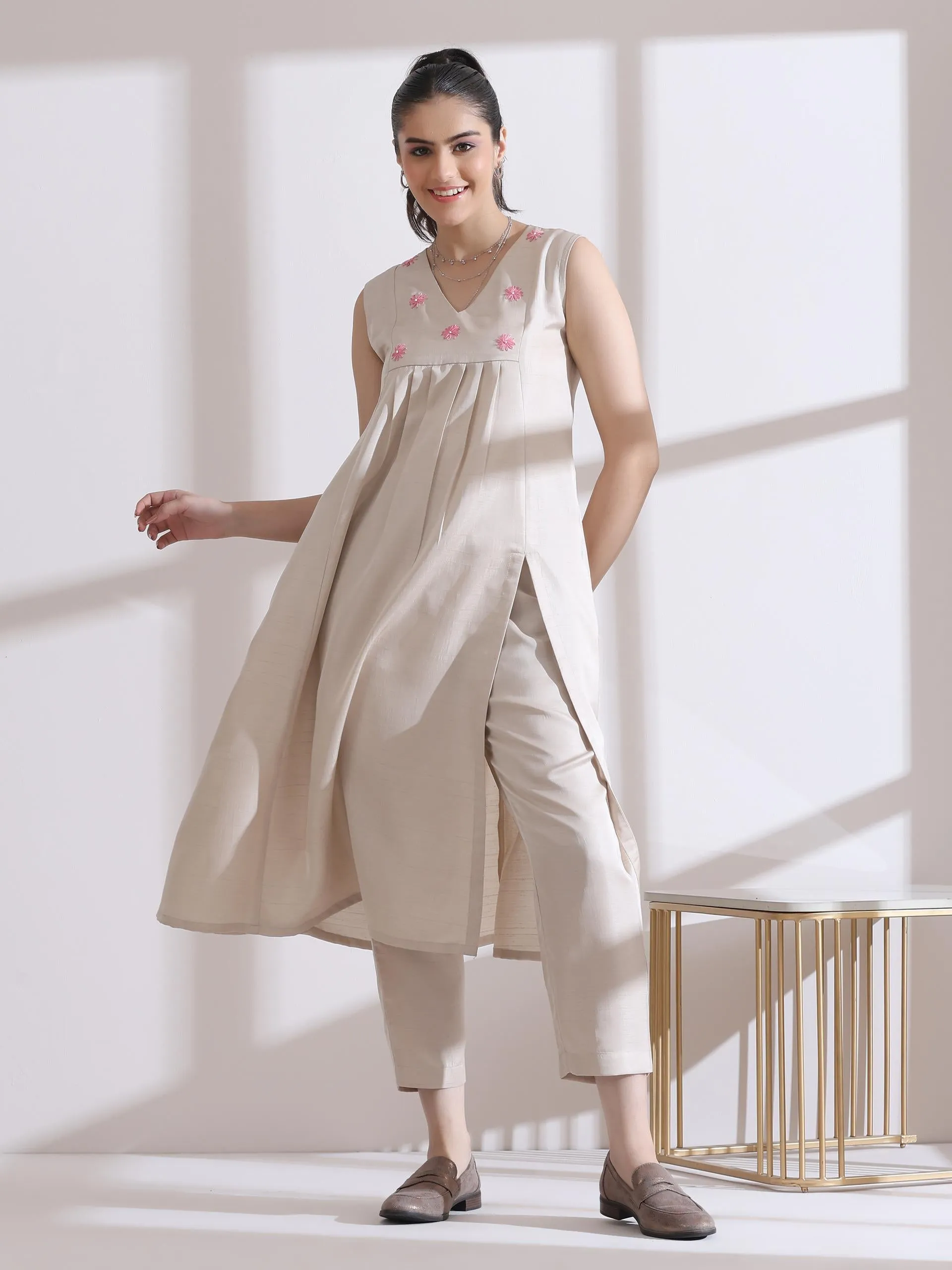 2 Pc Set - Prf'T Lux Fawn And Pink Hand Stitched Slit Kurta With Pants