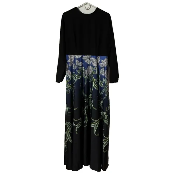 Annah Hariri Elegant Black and Blue Floral Dress, Size 12