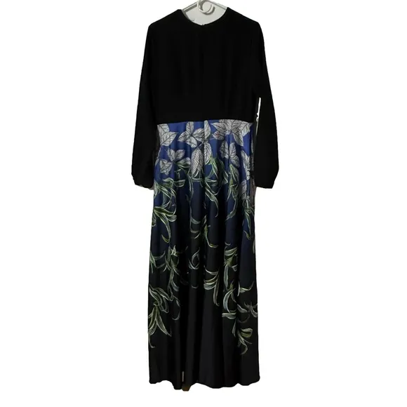 Annah Hariri Elegant Black and Blue Floral Dress, Size 12