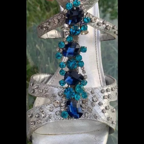 Antonio Melani Womens Size 9.5 Strappy 4&quot; High Heels Silver Blue Rhinestones