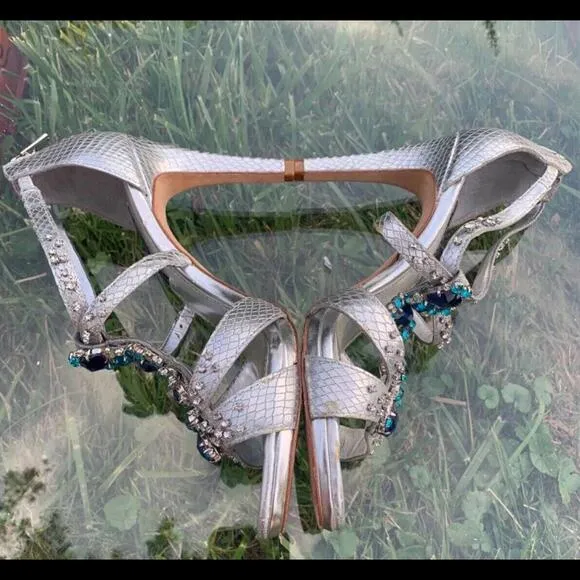 Antonio Melani Womens Size 9.5 Strappy 4&quot; High Heels Silver Blue Rhinestones