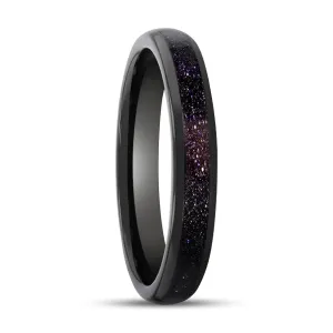 ASTRUM | Black Tungsten Ring, Purple Goldstone Inlay, Domed