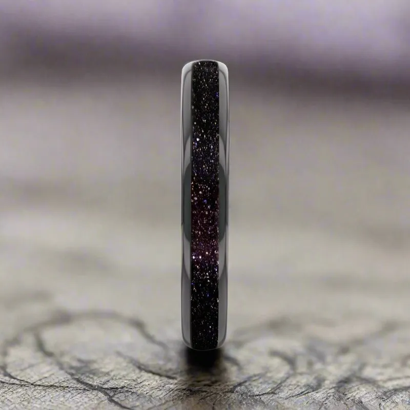 ASTRUM | Black Tungsten Ring, Purple Goldstone Inlay, Domed