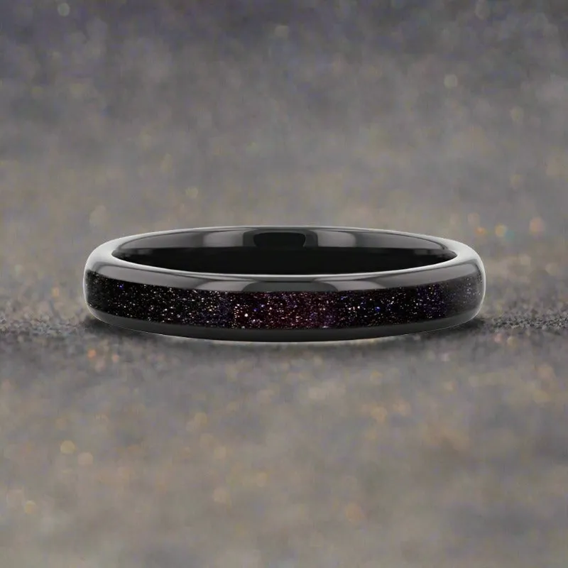 ASTRUM | Black Tungsten Ring, Purple Goldstone Inlay, Domed