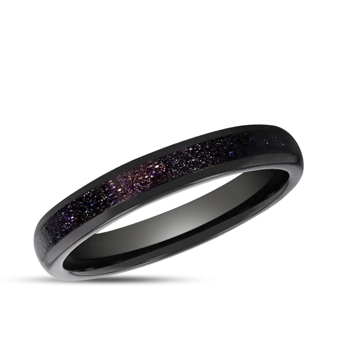 ASTRUM | Black Tungsten Ring, Purple Goldstone Inlay, Domed