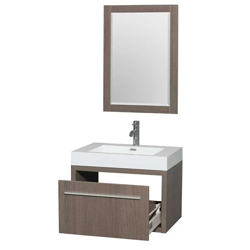 Axa 30" Single Bathroom Vanity in Gray Oak, Acrylic Resin Countertop, Integrated Sink and 24" Mirror