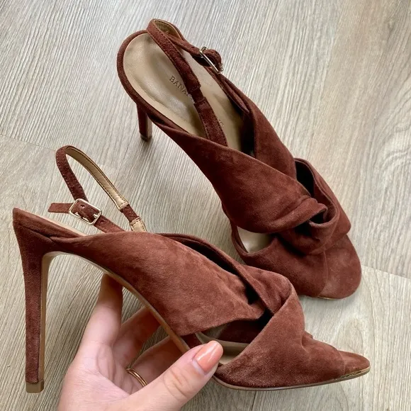 Banana Republic Jessa Brown Suede Slingback Heels | Peep Toe | Criss Cross Strap