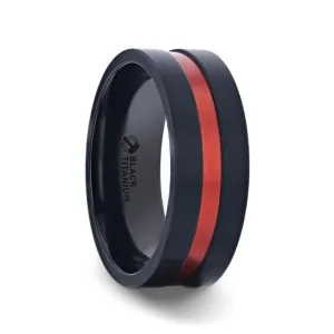 BARTOW Men's Black Titanium Ring Red Aluminum Groove Brushed Center 8mm