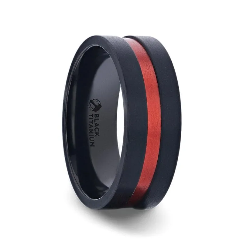 BARTOW Men's Black Titanium Ring Red Aluminum Groove Brushed Center 8mm