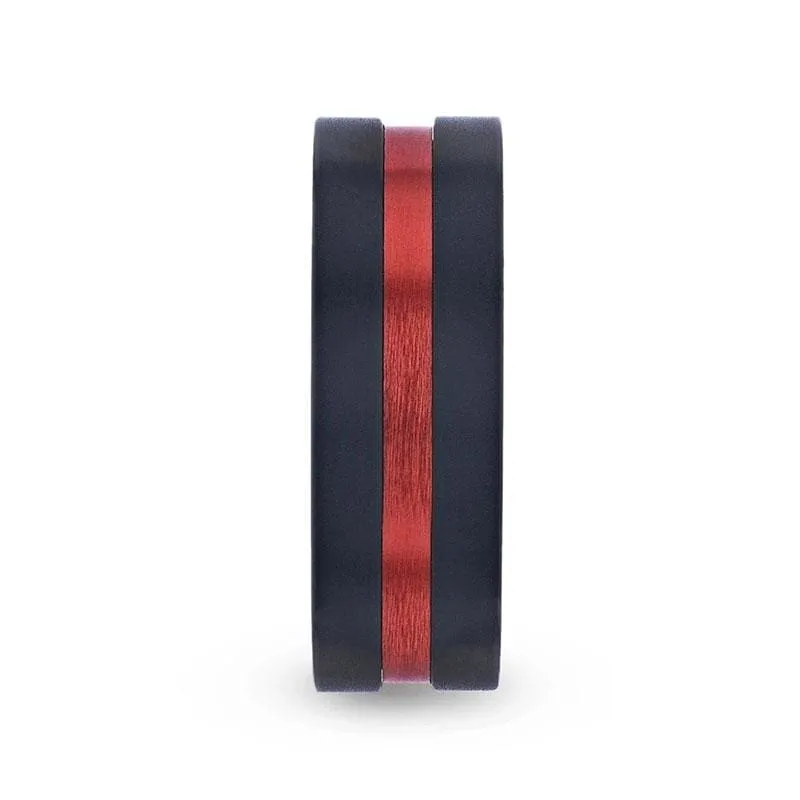 BARTOW Men's Black Titanium Ring Red Aluminum Groove Brushed Center 8mm