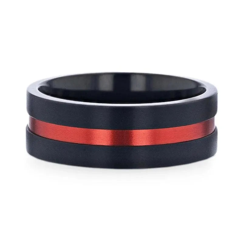 BARTOW Men's Black Titanium Ring Red Aluminum Groove Brushed Center 8mm