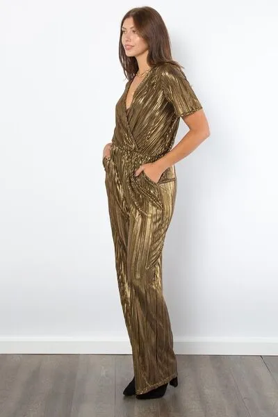 Be Stage Surplice Short Sleeve Pleated Foil Jumpsuit
