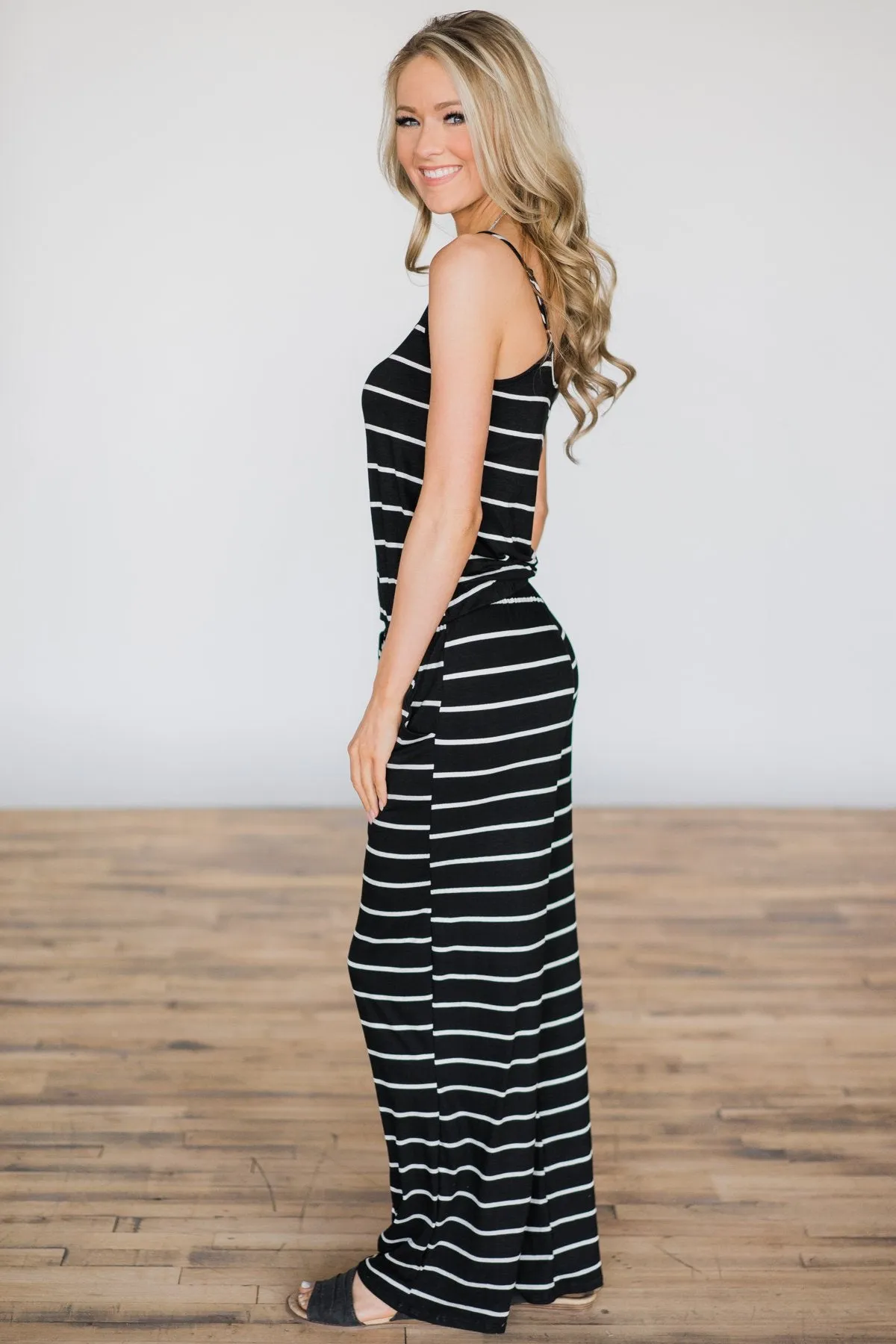 Black & White Striped Drawstring Jumpsuit