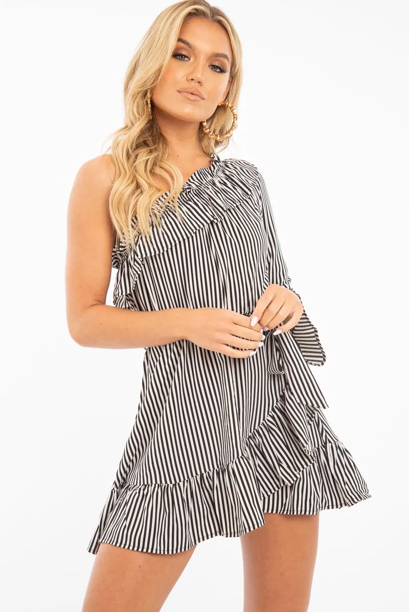 Black and Beige Stripe One Shoulder Frill Dress - Zyann