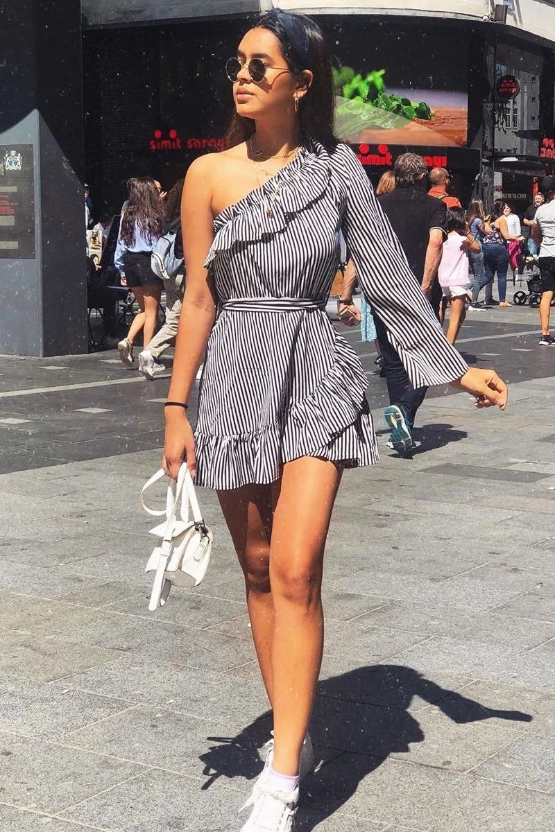 Black and Beige Stripe One Shoulder Frill Dress - Zyann