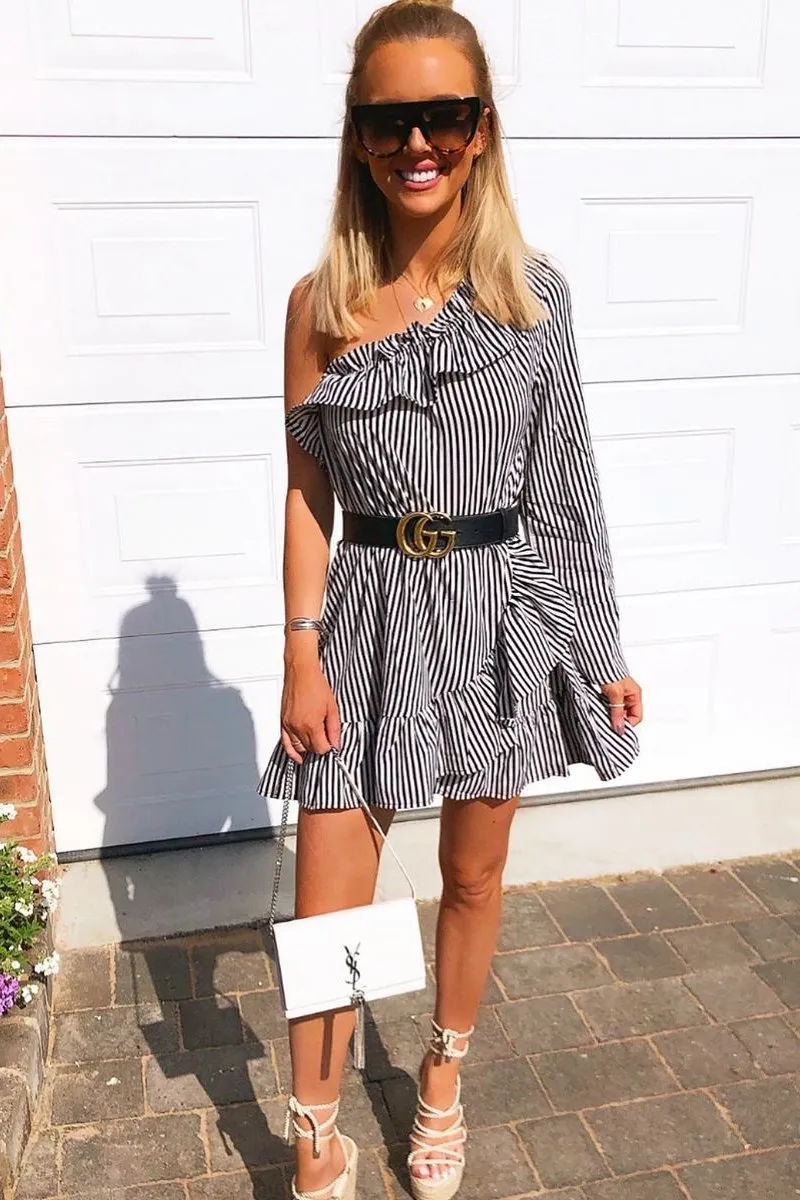 Black and Beige Stripe One Shoulder Frill Dress - Zyann