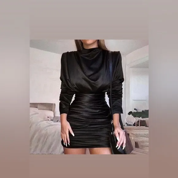 Black Asymmetrical Ruched  black Dress