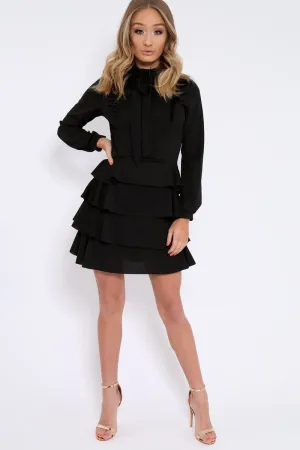 Black Frill Tie Bow Dress - Sania