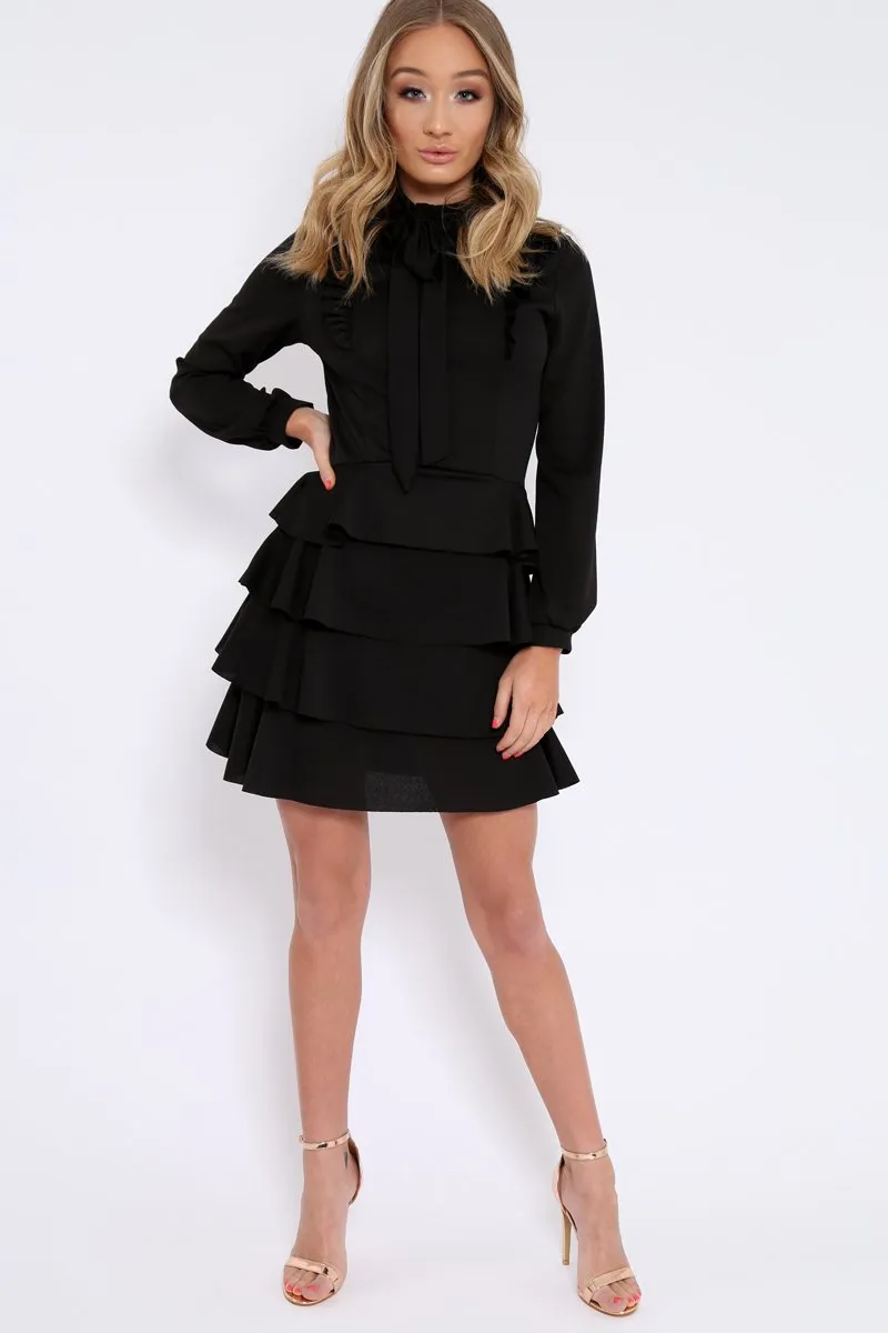 Black Frill Tie Bow Dress - Sania