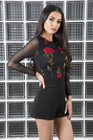Black Mesh Rose Embroidered Playsuit - Mia