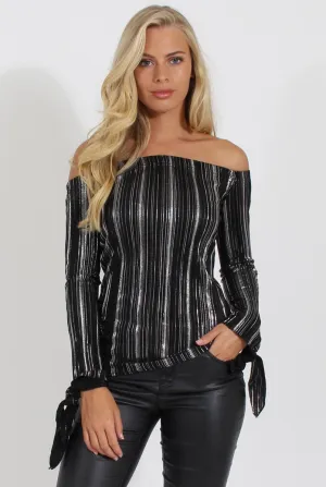 Black Pleated Tie Cuff Bardot Top - Marcia