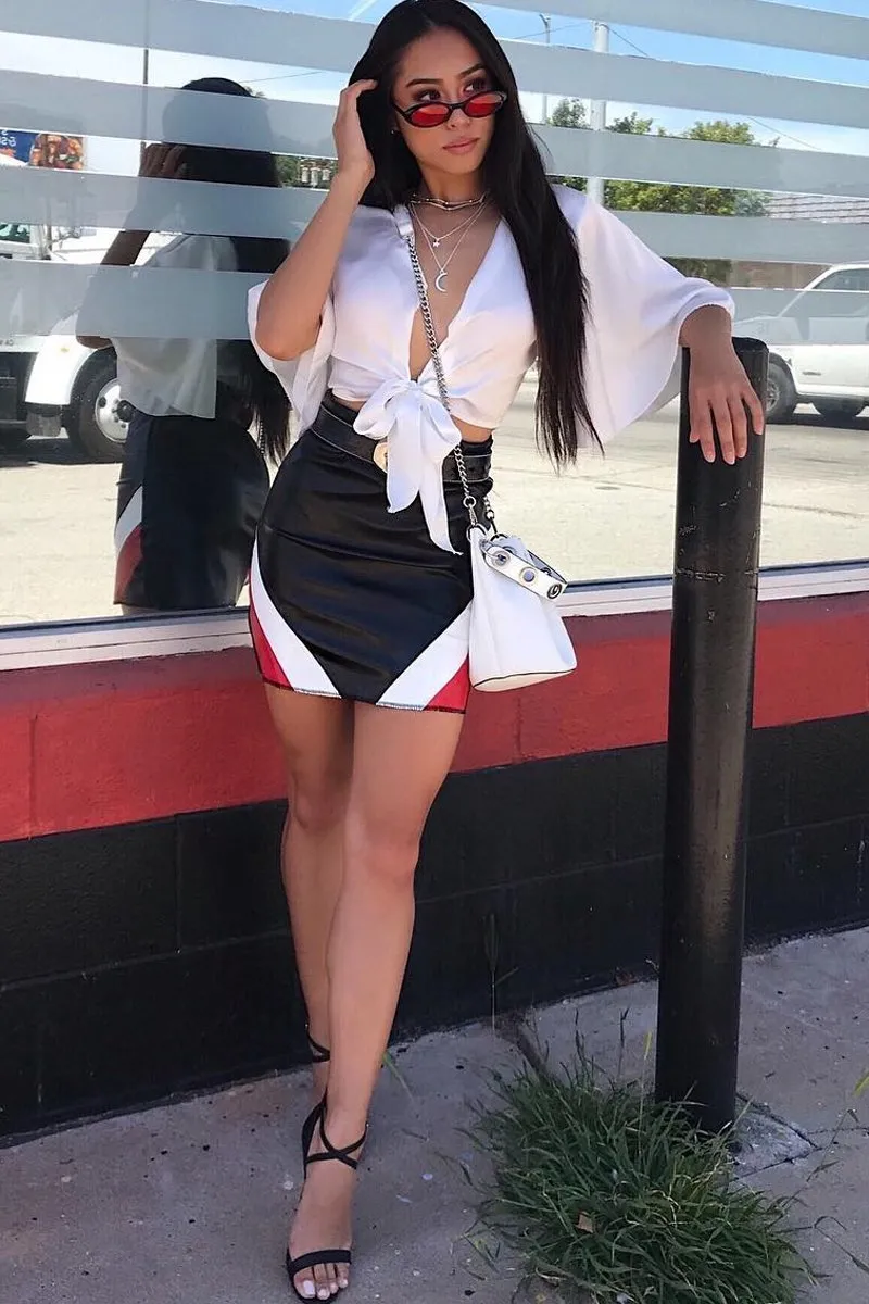 Black Red and White PU Mini Skirt - Cady