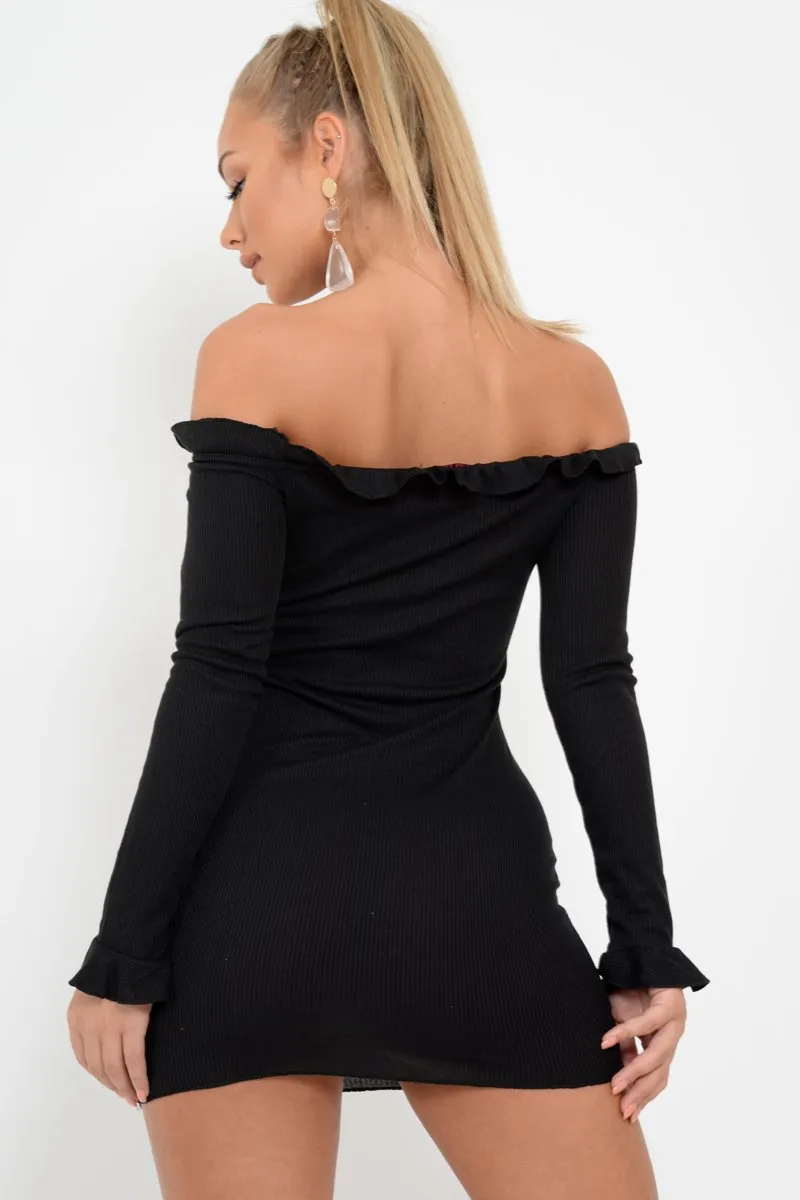 Black Ribbed Ruffle Long Sleeve Bardot Dress - Madison