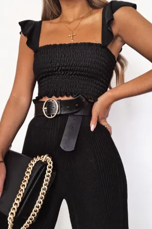Black Smocked Frill Crop Top - Lenni