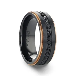 Black Titanium Ring Rose Gold Plated Edge And Black Sapphire Settings All Around