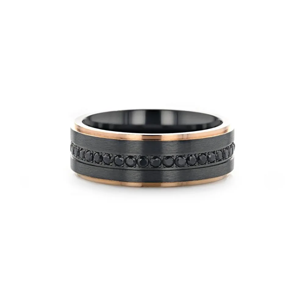 Black Titanium Ring Rose Gold Plated Edge And Black Sapphire Settings All Around