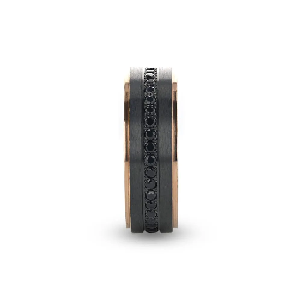 Black Titanium Ring Rose Gold Plated Edge And Black Sapphire Settings All Around