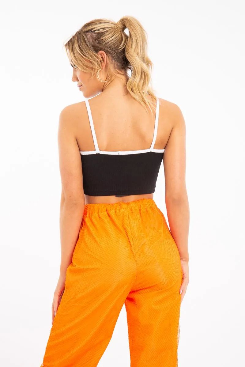 Black White Cross Front Straps Ribbed Crop Top - Vixi