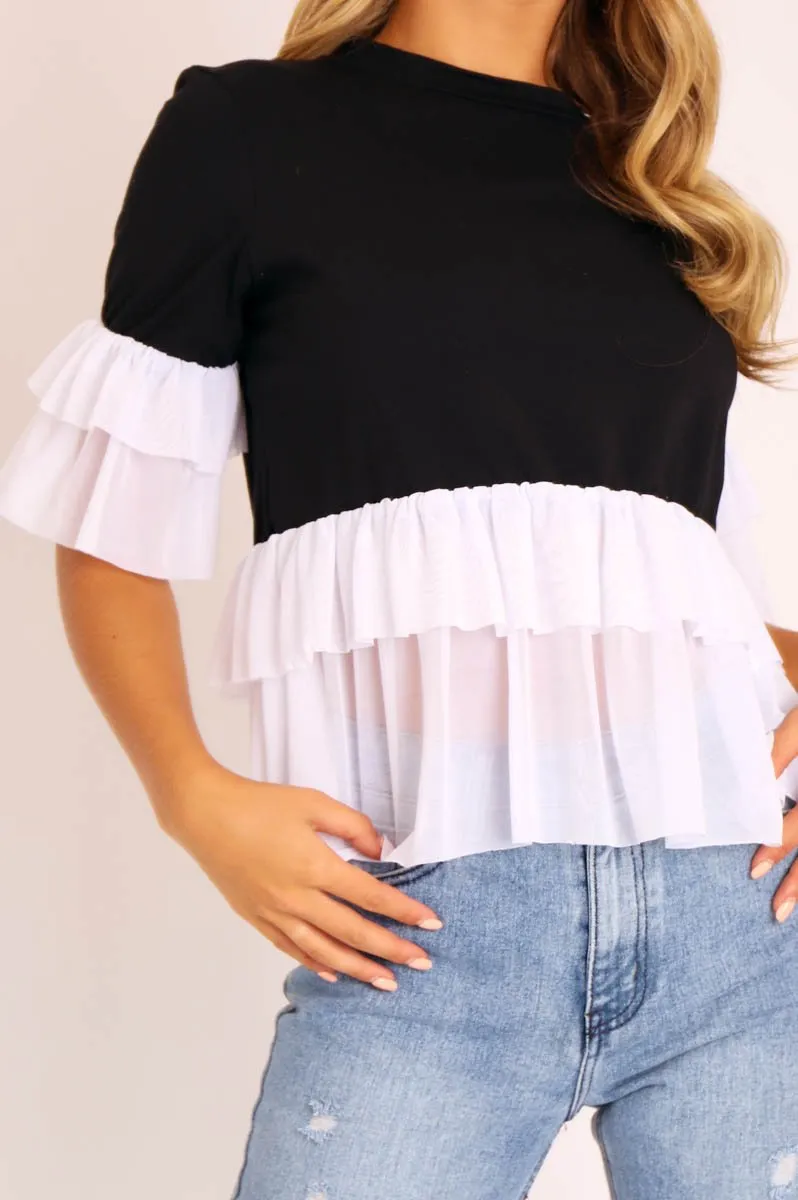 Black White Tulle Ruffle Hem and Sleeve T-shirt - Yazmyn