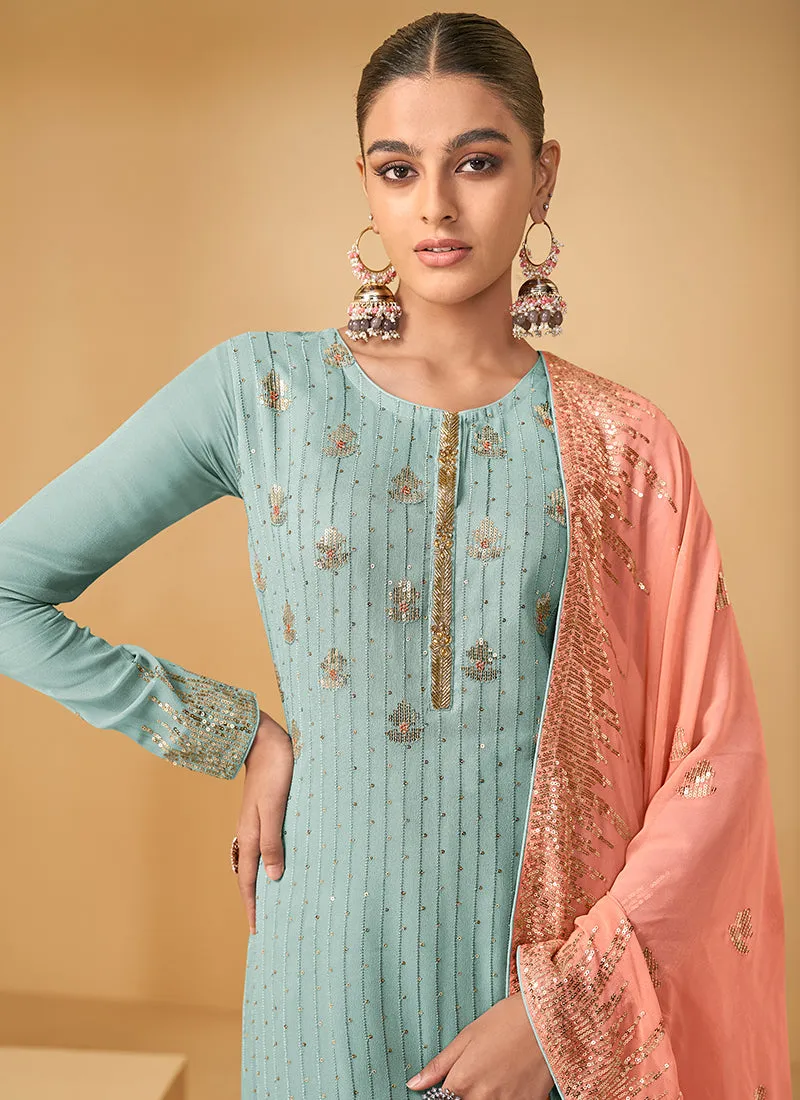 Blue And Peach Sequence Embroidery Georgette Gharara Suit