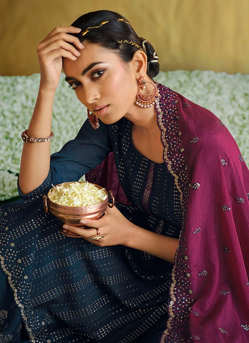 Blue And Wine Embroidered Palazzo Suit