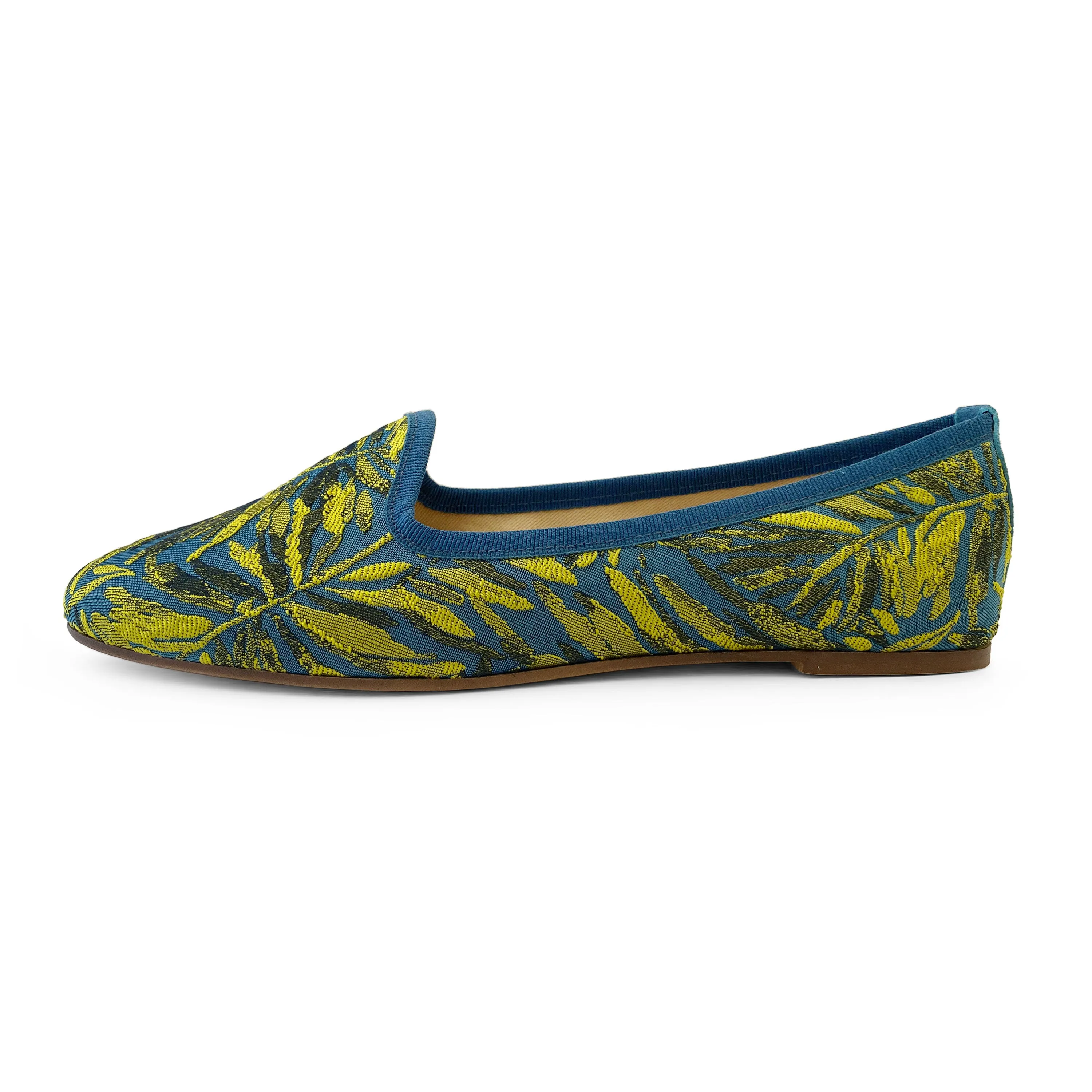 Blue and yellow jacquard loafers with tropical print