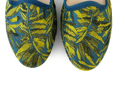 Blue and yellow jacquard loafers with tropical print