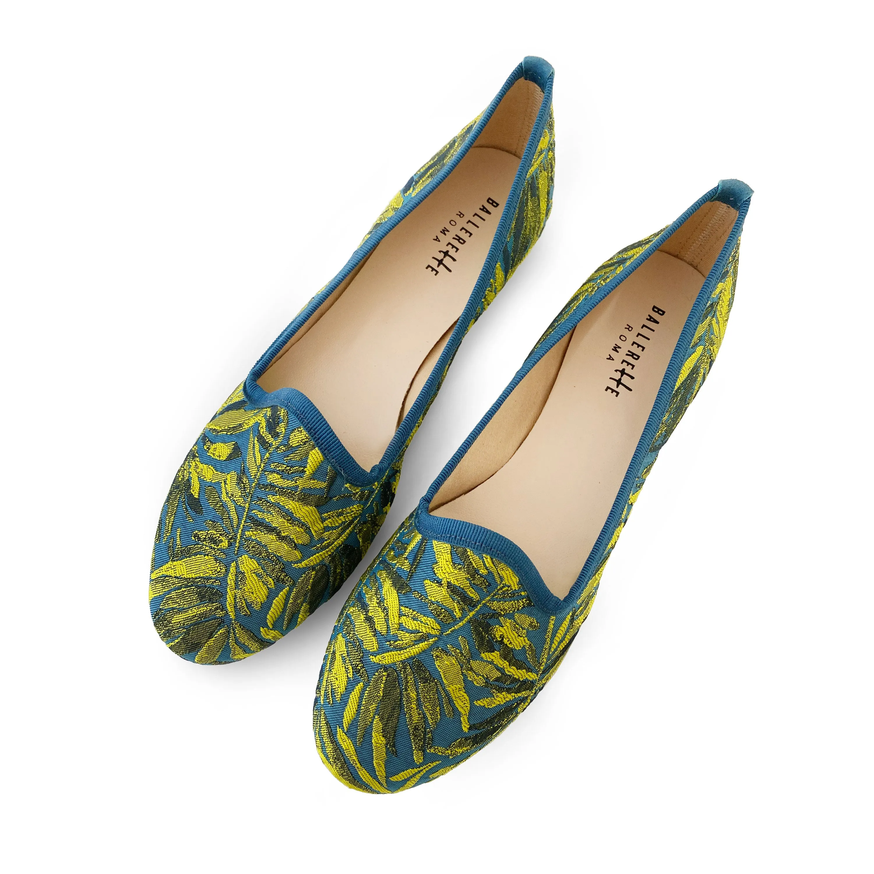 Blue and yellow jacquard loafers with tropical print