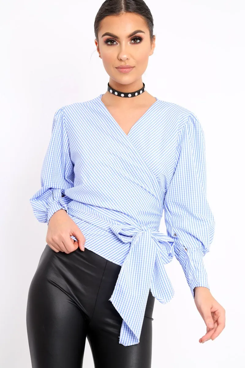 Blue Gingham Wrap Front Top - Gloria