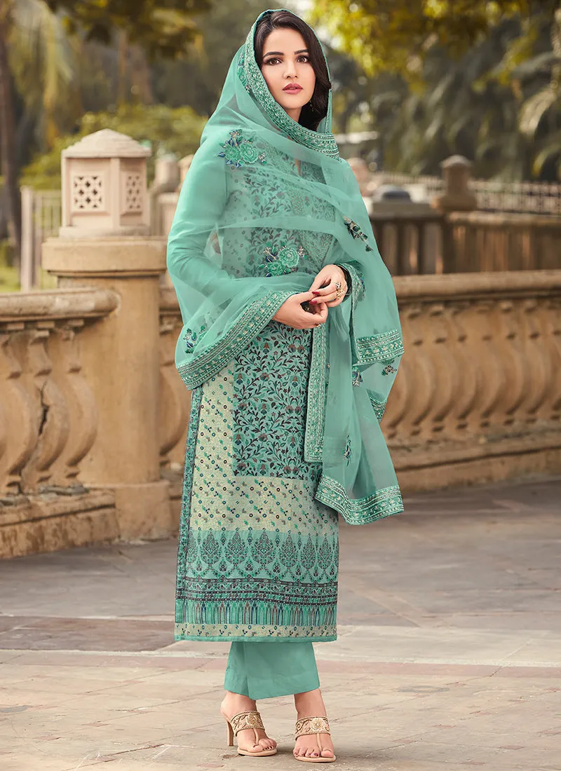 Blue Golden Embroidery Pakistani Pant Style Suit
