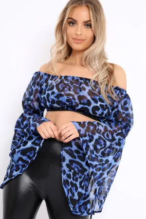 Blue Leopard Print Flared Sleeves Sheer Crop Top - Jordan